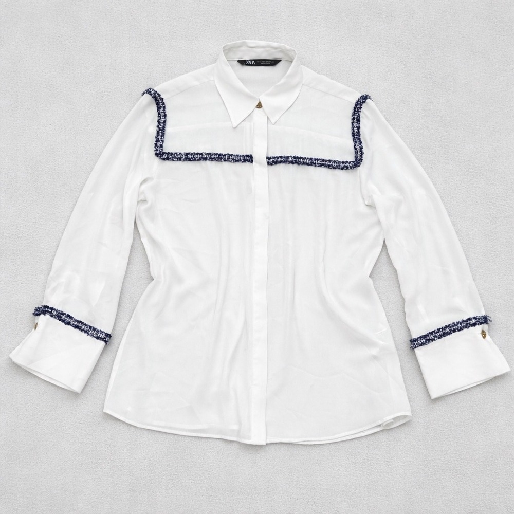 Zara White Button Down Blouse Blue Braided‎ Tweed Trim Gold Button Small